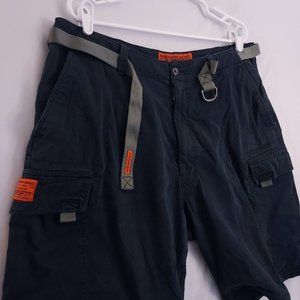 Abercrombie & Fitch Black Cargo Shorts with Olive Belt and Orange Accents